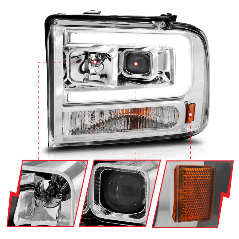 ANZO 111552 fits Ford 99-04 F250/F350/F450/Excursion (excl 99) Projector Headlights - w/Light Bar Chrome Housing