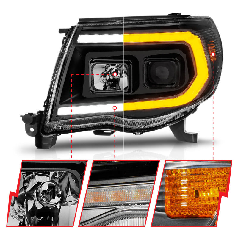 ANZO 111564 fits Toyota 05-11 Tacoma Projector Headlights w/Light Bar Switchback Black Housing