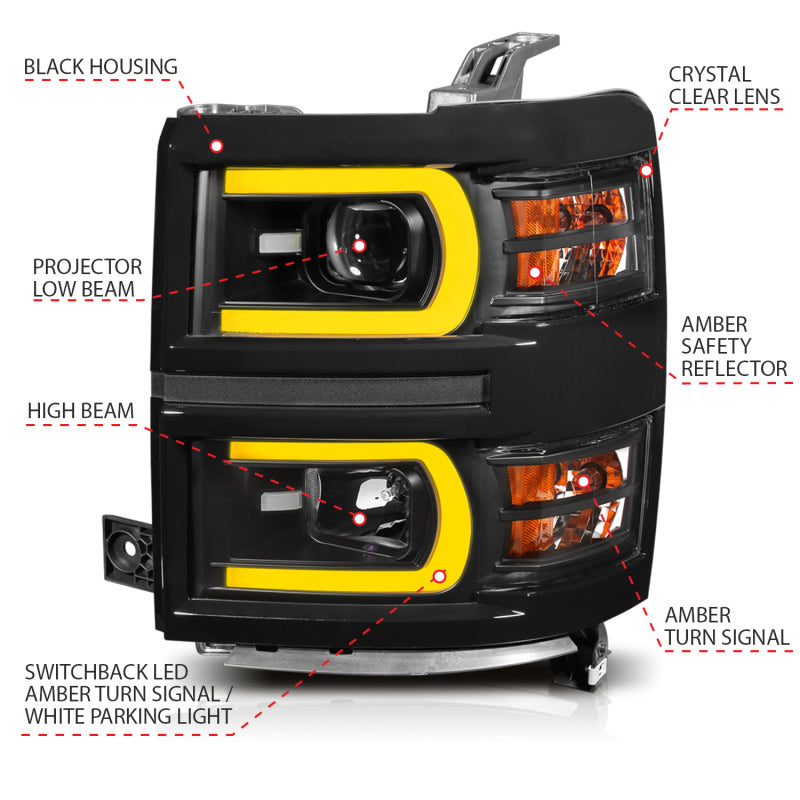 ANZO 111412 fits Chevrolet 14-15 Silverado 1500 Projector Headlights w/ Plank Style Switchback Black w/ Amber