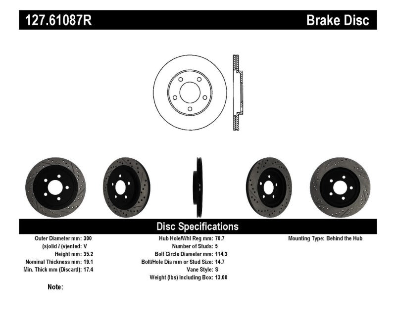 Stoptech 127.61087R 05-10 Ford Mustang Slotted & Drilled Right Rear Rotor
