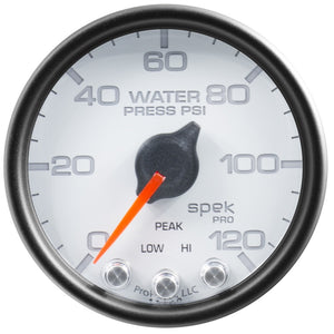 AutoMeter P34512 Autometer Spek-Pro Gauge Water Press 2 1/16in 120psi Stepper Motor W/Peak & Warn Wht/Blk