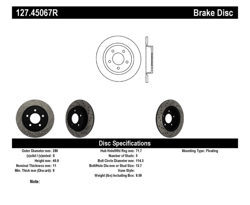 Stoptech 127.45067R 04-10 Mazda3 Slotted & Drilled Right Rear Rotor