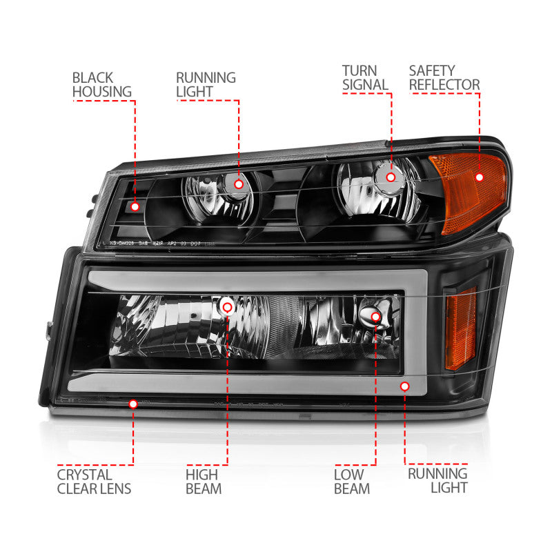 ANZO 111558 GM Colorado/Canyon/I-Series Crystal Headlights - w/ Light Bar Black Housing 4pcs