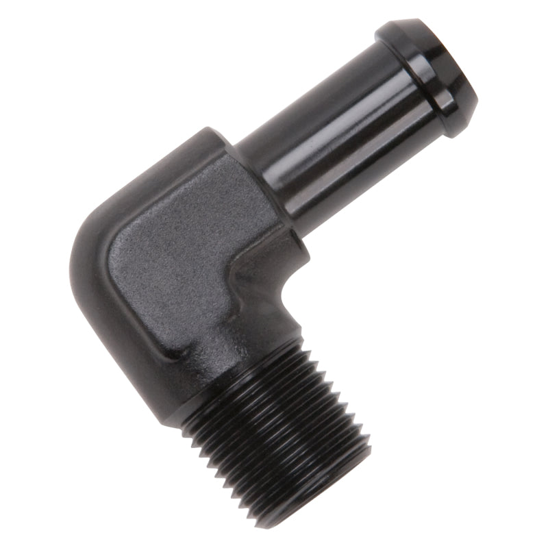 Edelbrock 8163 Hose End 90-Degree 3/8In NPT to 1/2In Barb Black Anodize