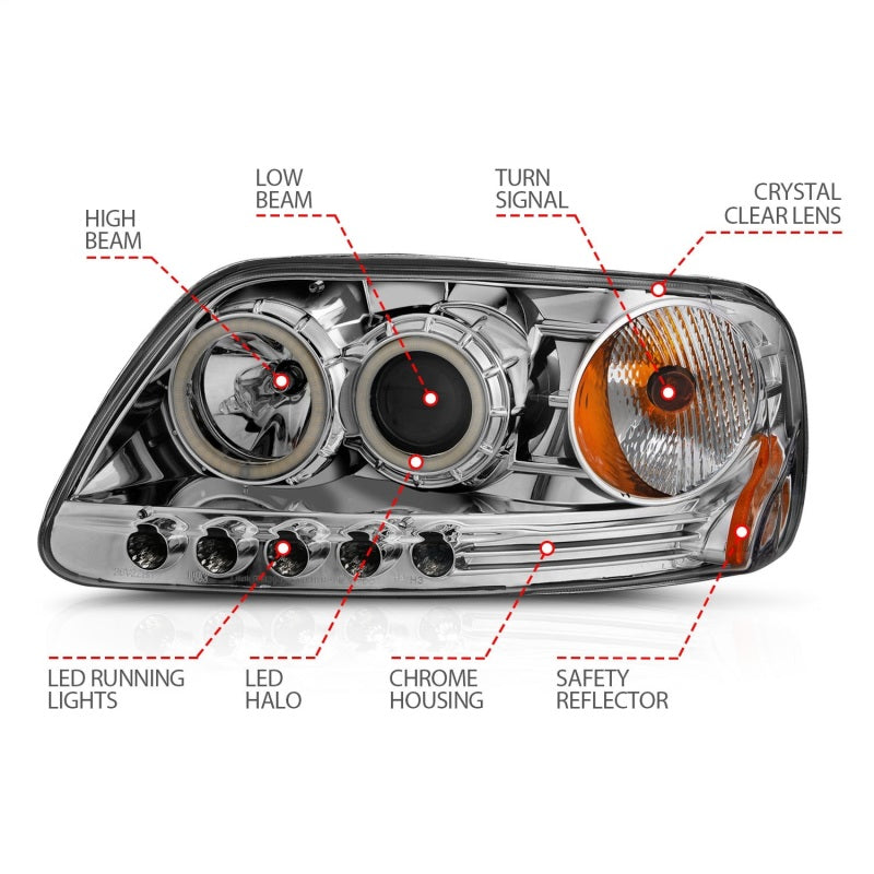 ANZO 111054 1997.5-2003 fits Ford F-150 Projector Headlights w/ Halo Chrome 1pc