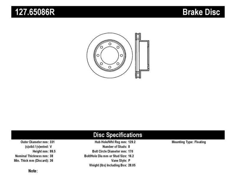 Stoptech 127.65086R 00-05 Ford Excursion 4WD / 99-04 F250/F350 Pickup Front Slotted & Drilled Right Rotor