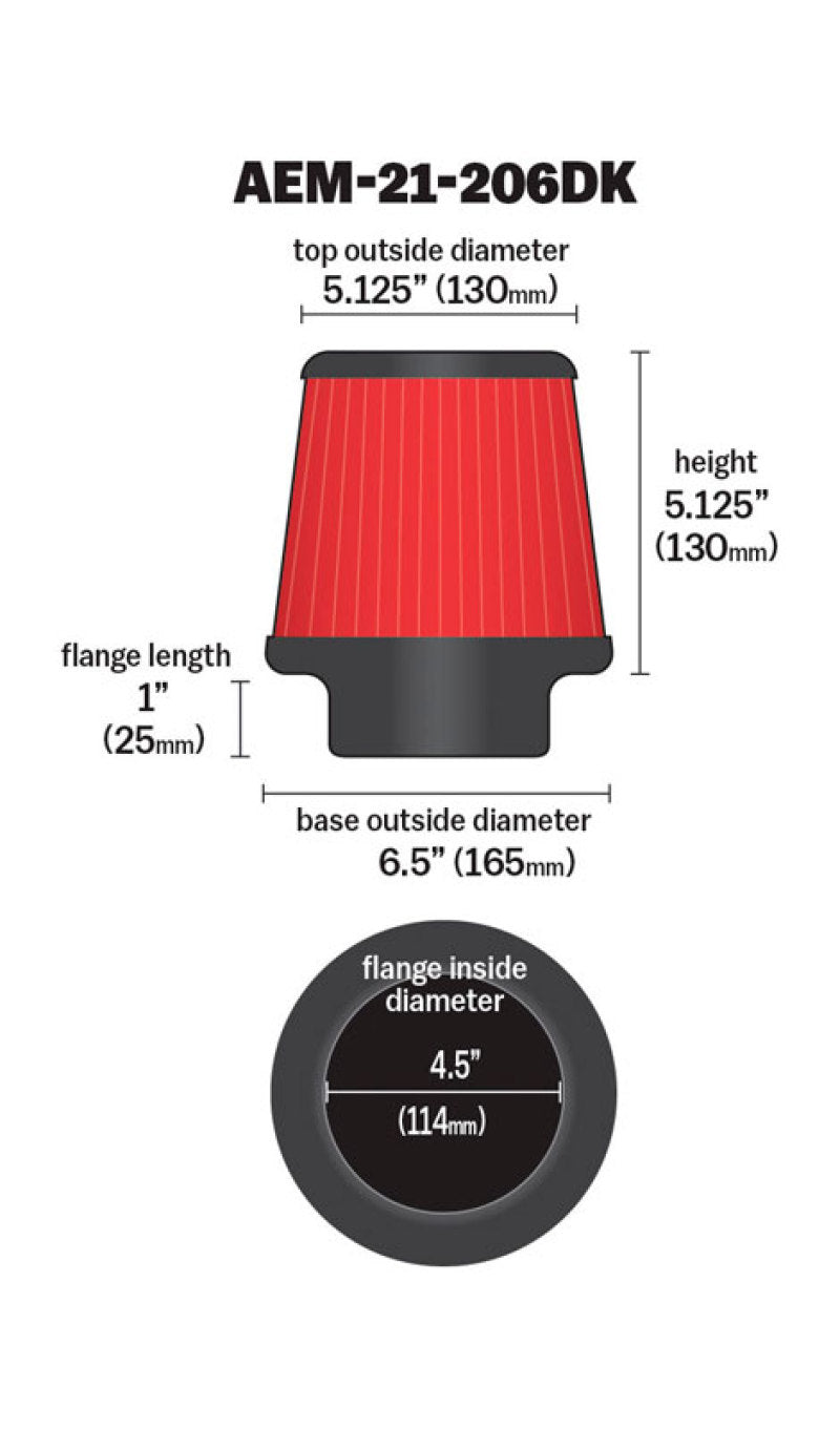 AEM 21-206DK 4.50 inch Short Neck 5 inch Element Filter Replacement