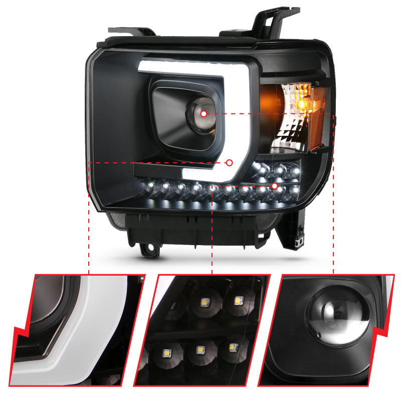 ANZO 111450 2015 Gmc Sierra 1500HD Projector Plank Style Headlight Black W/ Drl