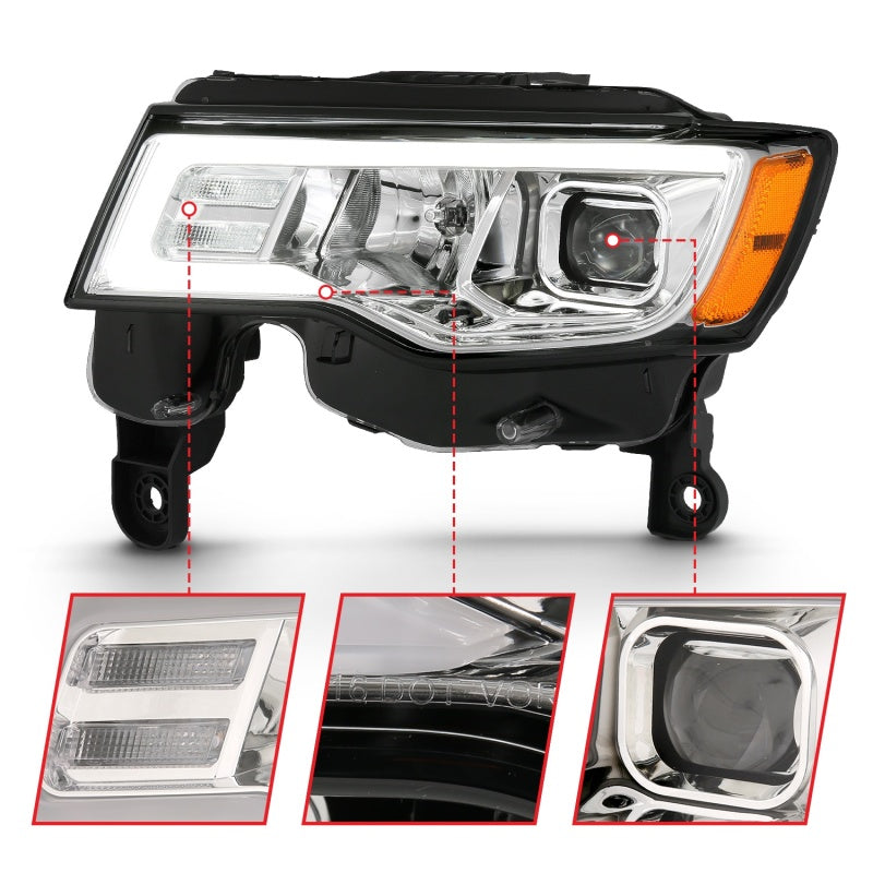 ANZO 111419 2018 fits Jeep 17-20 Grand Cherokee Projector Headlights w/ Plank Style Switchback - Chrome w/ Amber