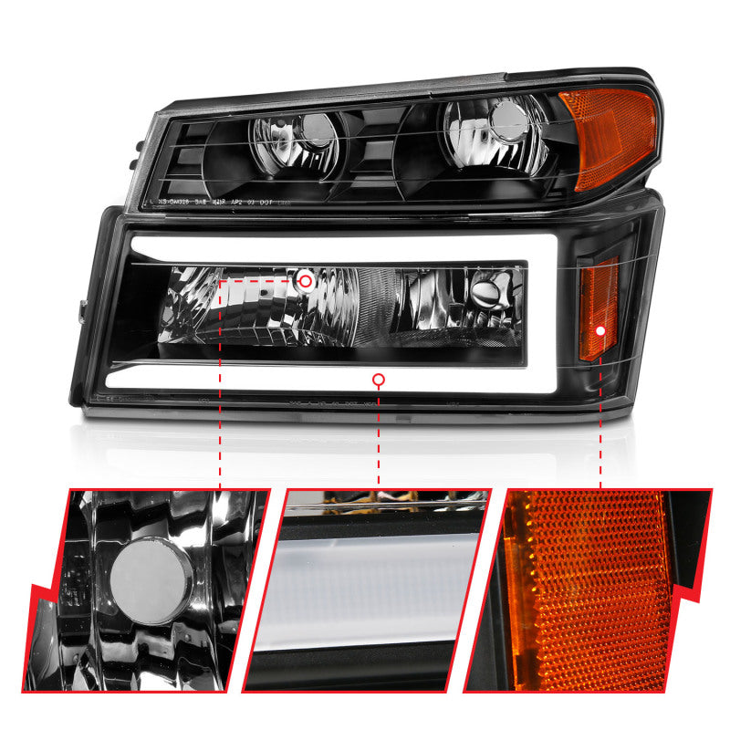 ANZO 111558 GM Colorado/Canyon/I-Series Crystal Headlights - w/ Light Bar Black Housing 4pcs