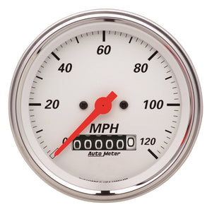 AutoMeter 1379 AutoMeter Gauge Speedometer 3-3/8in. 120MPH Elec. Prog. W/ Wheel Odo Arctic White