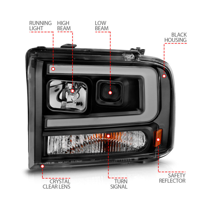 ANZO 111551 fits Ford 99-04 F250/F350/F450/Excursion (excl 99) Projector Headlights - w/ Light Bar Black Housing