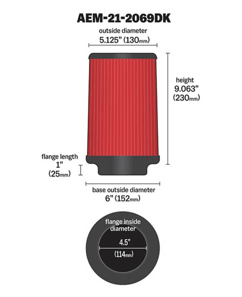 AEM 21-2069DK DryFlow Air Filter AIR FILTER KIT 4.5in X 9in DRYFLOW