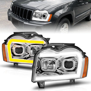 ANZO 111544 05-07 Jeep Grand Cherokee Projector Headlights - w/ Light Bar Switchback Chrome Housing