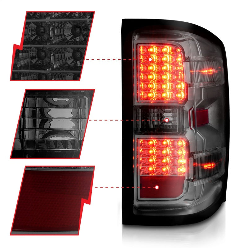 ANZO 311424 fits Chevy 15-19 Silverado 2500HD/3500HD (Factory Halogen Only) LED Tail Lights Smoke w/Clear Lens