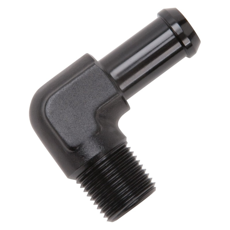 Edelbrock 8163 Hose End 90-Degree 3/8In NPT to 1/2In Barb Black Anodize