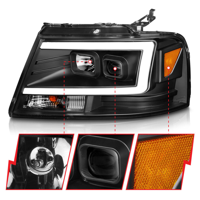 ANZO 111541 2008 fits Ford 04-20 F-150 Projector Headlights w/ Light Bar Black Housing