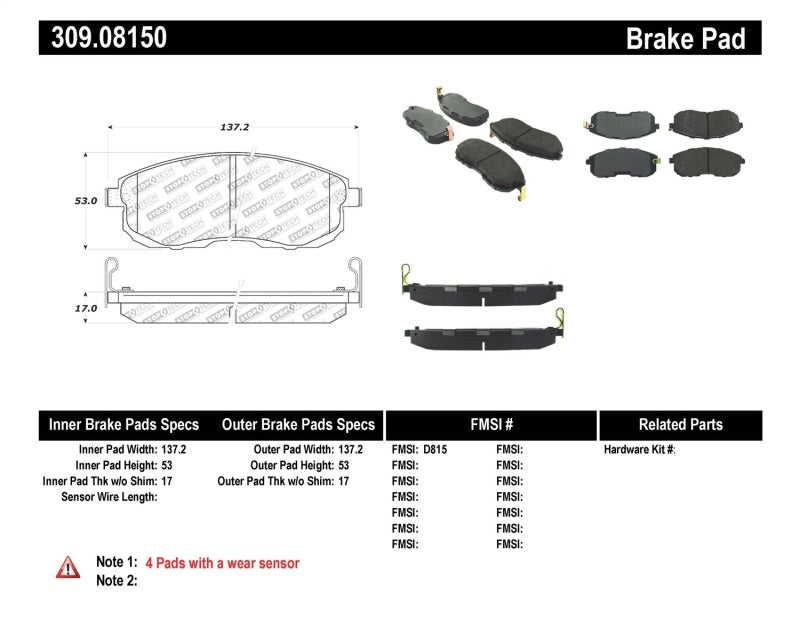 Stoptech 309.0815 Performance 02-05 fits Infiniti G35 / 07-09 Nissan Altima/Sentra / 6/02-05 350Z Front Brake Pa