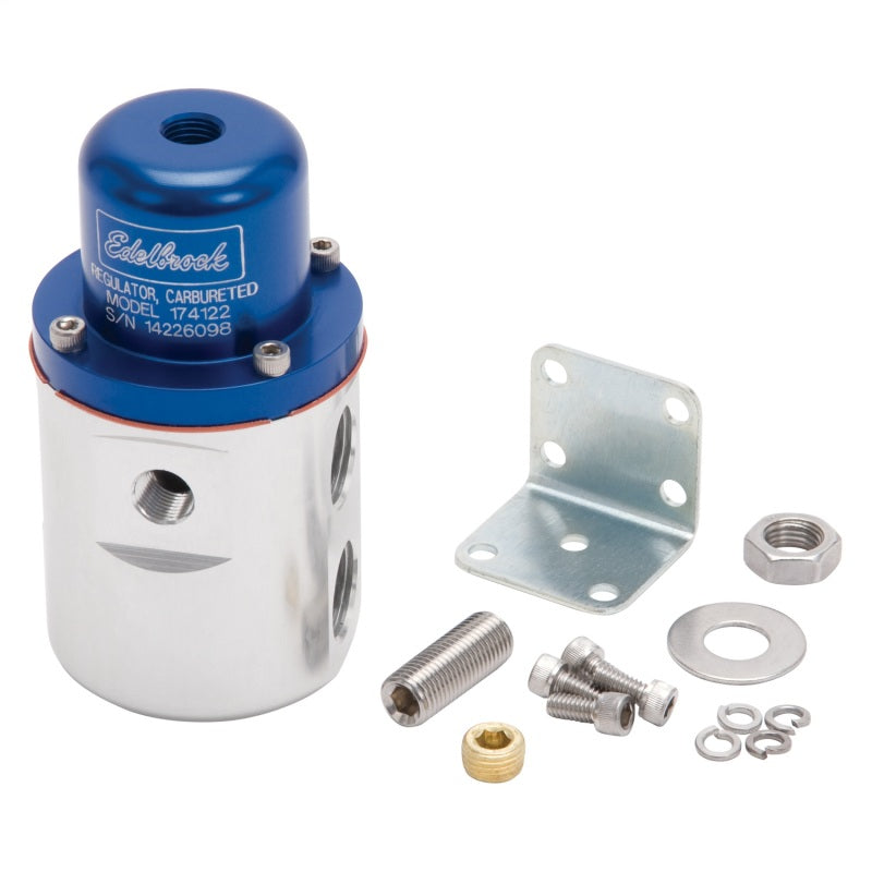 Edelbrock 174122 Fuel Pressure Regulator Carbureted 160 GPH 5-10 PSI 3/8In In/Out Returnless Blue/Clear