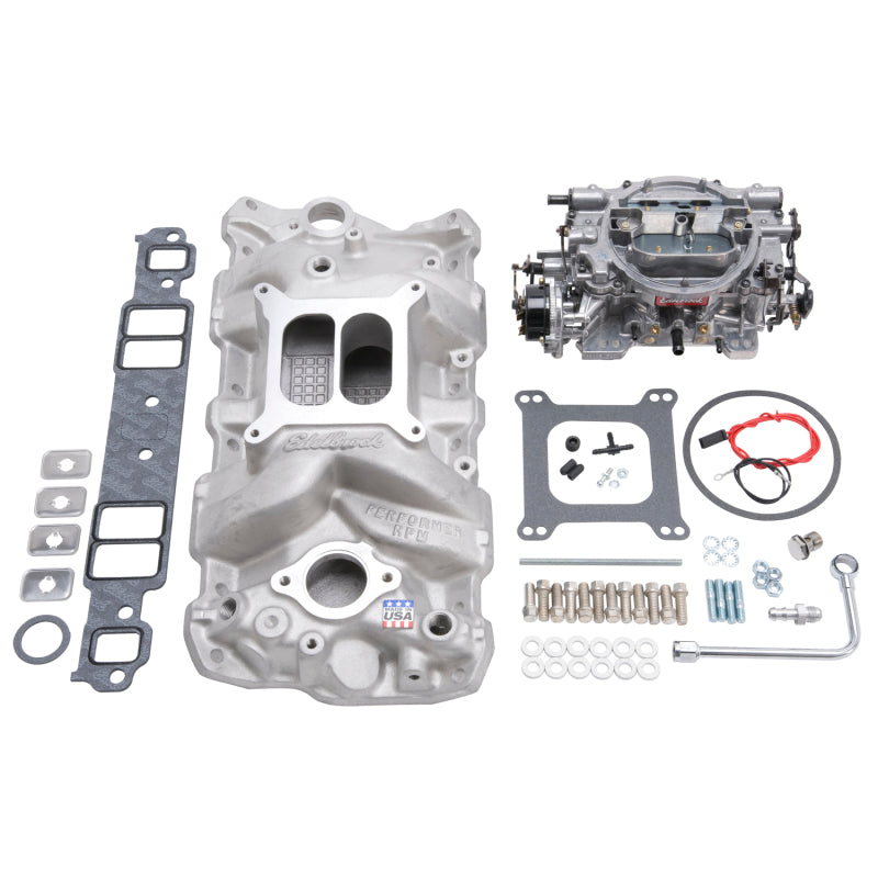 Edelbrock 2023 Manifold And Carb Kit Performer RPM Small Block fits Chevrolet 1957-1986 Natural Finish