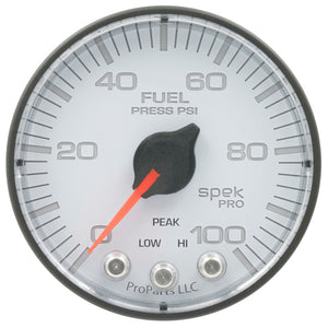 AutoMeter P314128 Autometer Spek-Pro Gauge Fuel Press 2 1/16in 100psi Stepper Motor W/Peak & Warn Wht/Blk