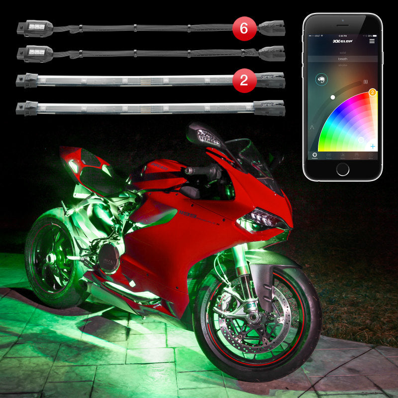 XK KS-Moto-Mini Glow Strip Million Color XKCHROME Smartphone App ATV/Motorcycle LED Light Kit 6xPod + 2x10In