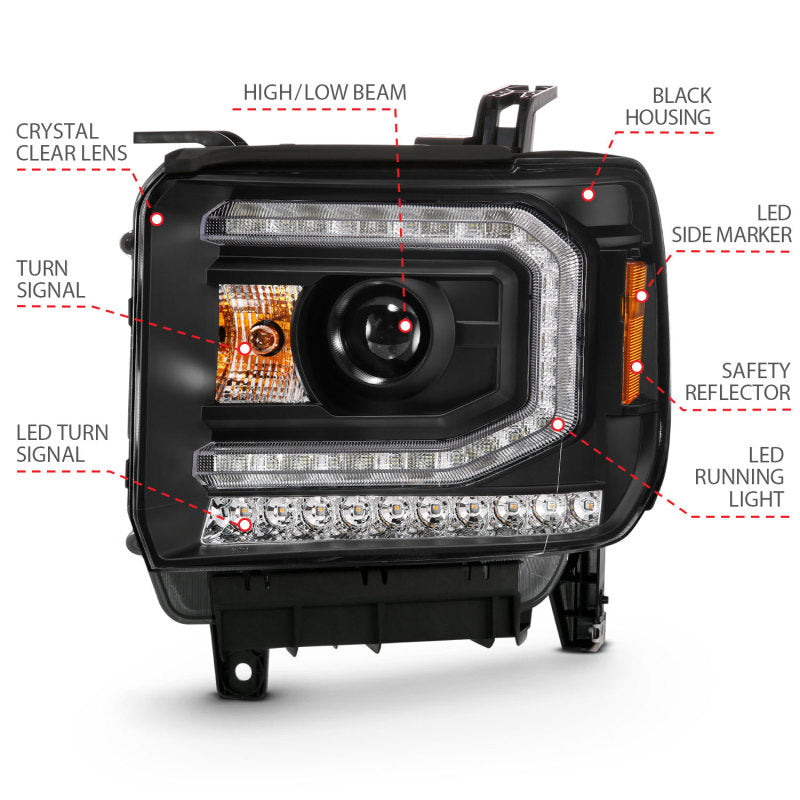 ANZO 111485 2019 Gmc Sierra 1500 Projector Headlight Plank Style Black w/ Sequential Amber Signal