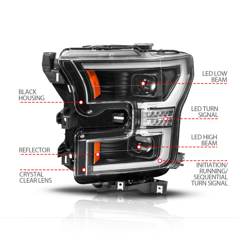 ANZO 15-17 Ford F-150 (Factory Halogen Model ONLY) Full LED Proj Headlights  Init/SeqSig Black- Pair