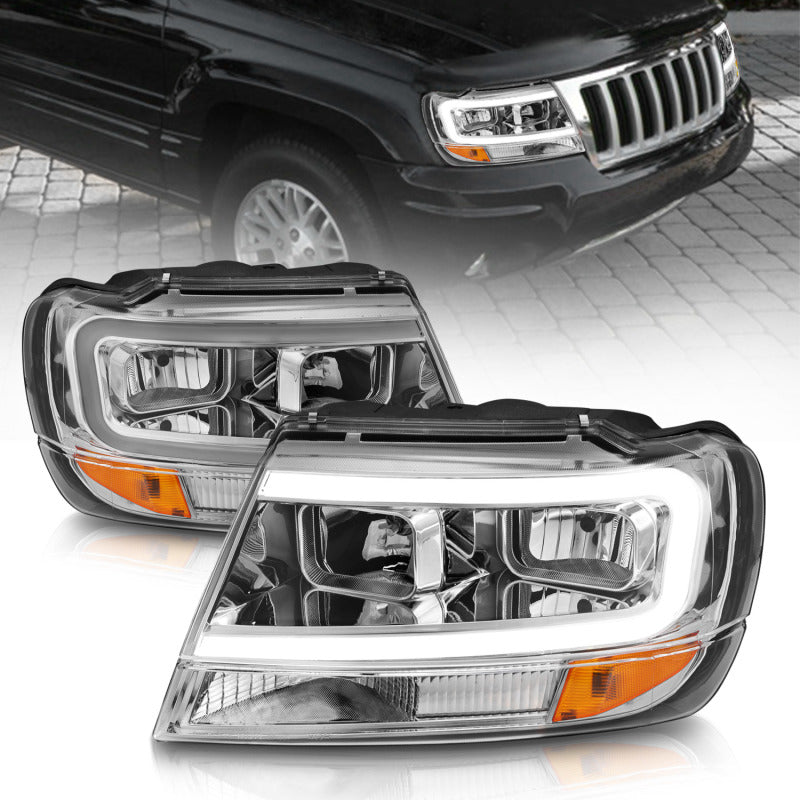 ANZO 111538 1904 fits Jeep 99-20 Grand Cherokee Crystal Headlights w/ Light Bar Chrome Housing