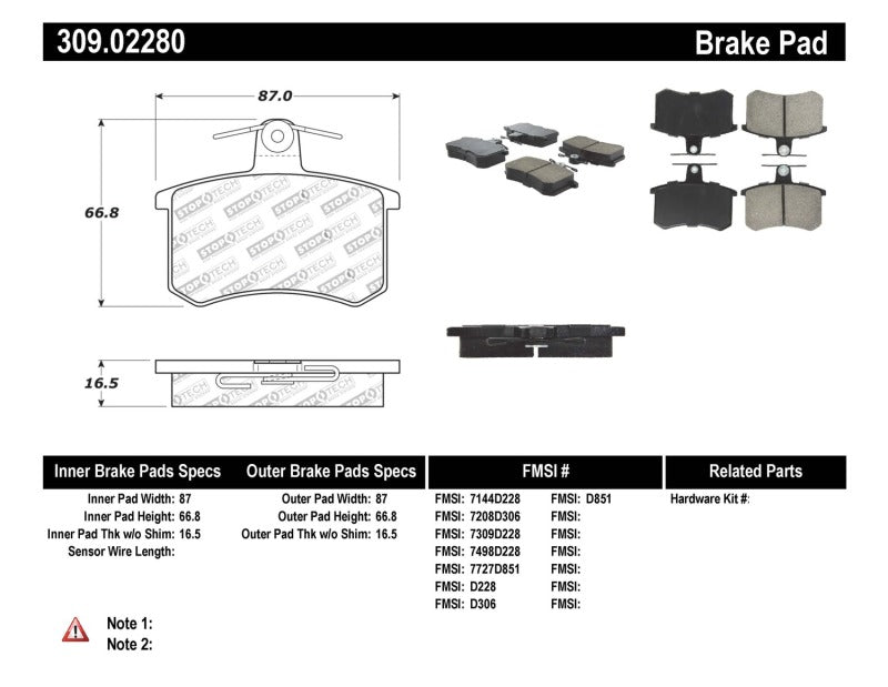 Stoptech 309.0228 Performance 96-2/97 Audi A4 / 96-01 A4 Quattro / 95-98 A6 Rear Brake Pads