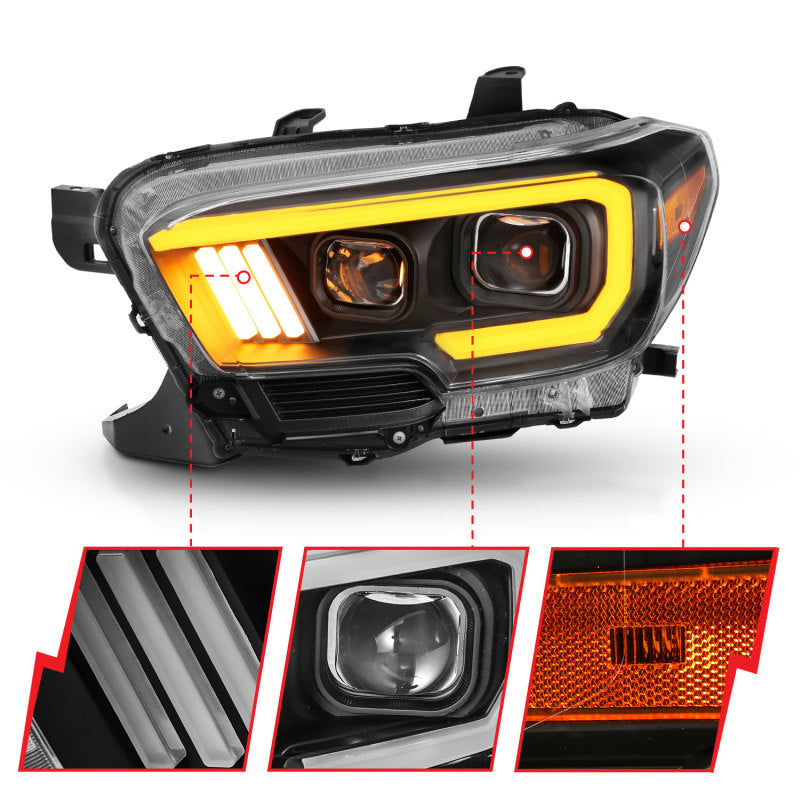 ANZO 111397 2017 fits Toyota 16-20 Tacoma Projector Headlights w/ Plank Style Switchback Black w/ Amber w/ DRL