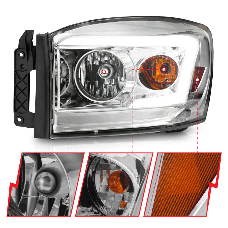 Anzo 111525 06-09 fits Dodge RAM 1500/2500/3500 Headlights Chrome Housing/Clear Lens (w/ Light Bars)