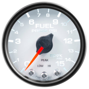 AutoMeter P31512 Autometer Spek-Pro Gauge Fuel Press 2 1/16in 15psi Stepper Motor W/Peak & Warn Wht/Blk