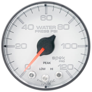 AutoMeter P345128 Autometer Spek-Pro 2 1/16in 120PSI Stepper Motor W/Peak & Warn White/Black Water Pressure Gauge