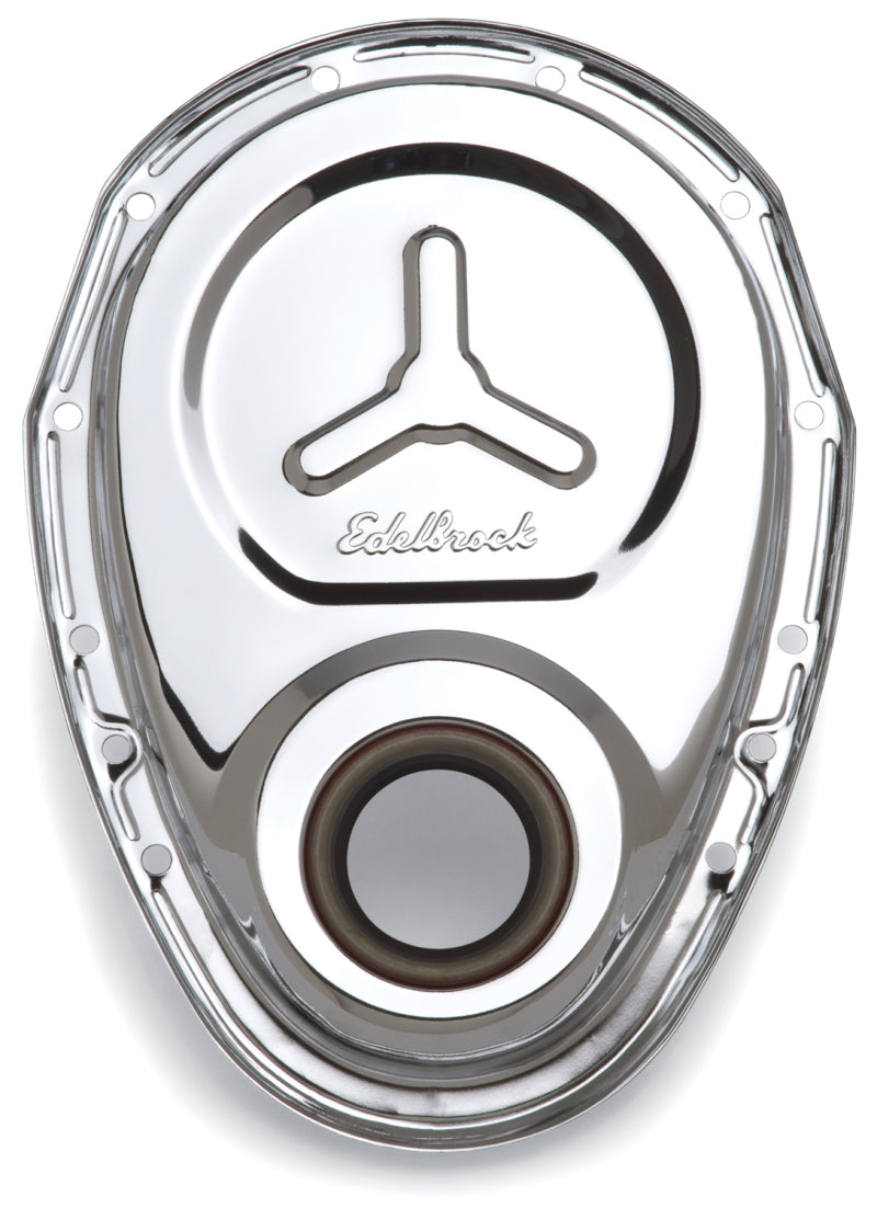 Edelbrock 4860 Timing Cover SB-fits Chevy Chrome w/ Welded Reinforcement Plate