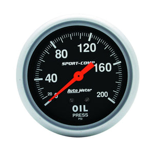 AutoMeter 3422 Autometer 2-5/8in 200 PSI Mechanical Sport-Comp Oil Pressure Gauge