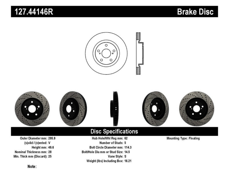 Stoptech 127.44146R 07-09 Lexus ES 250/ES 300/ ES330/ES350 SportStop Slotted & Drilled Right Front Rotor