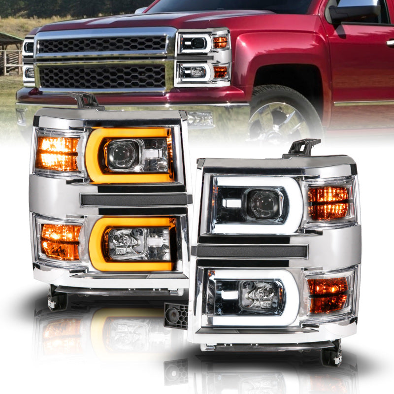 Anzo 111618 14-15 fits Chevy Silverado 1500 Chrome Dual Switchback+Sequential LED Tube Sq. Projector Headlights