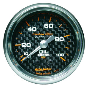 AutoMeter 4721 Autometer Carbon Fiber 52mm 100 PSI Mechanical Oil Pressure Gauge
