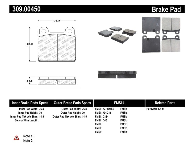 Stoptech 309.0045 Performance 75-95 Alfa Romeo 2000 Spider/Graduate/Veloce Front Brake Pads
