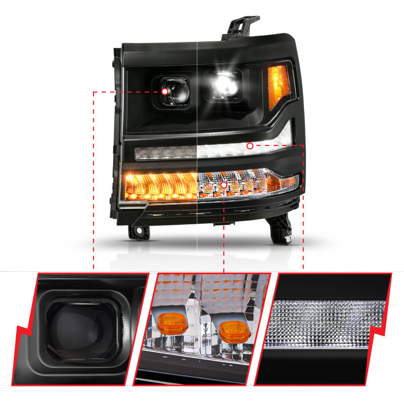 ANZO 111622A 16-18 fits Chevy Silverado 1500 (Factory HID Models ONLY) Full LED Proj Headlights Black - Pair