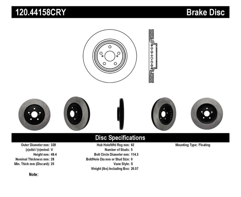 Stoptech 120.44158CRY 08-18 Toyota Highlander Front Performance Cryo Rotor