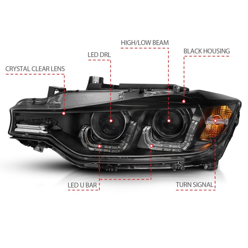 ANZO 121504 2015 fits BMW 12-20 3 Series Projector Headlights w/ U-Bar Black