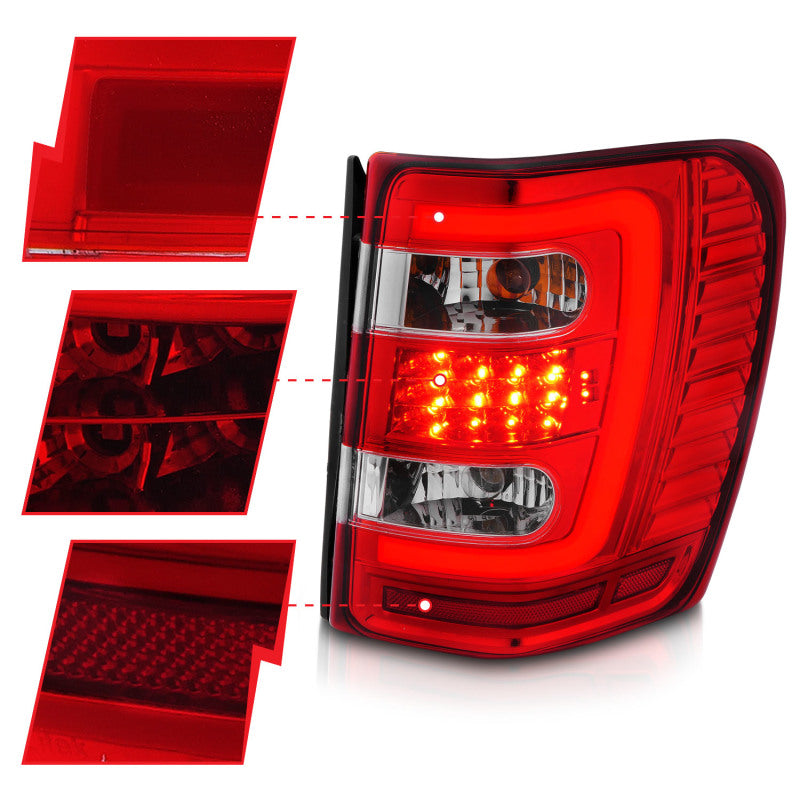 ANZO 311396 1904 fits Jeep 99-20 Grand Cherokee LED Tail Lights w/ Light Bar Chrome Housing Red/Clear Lens