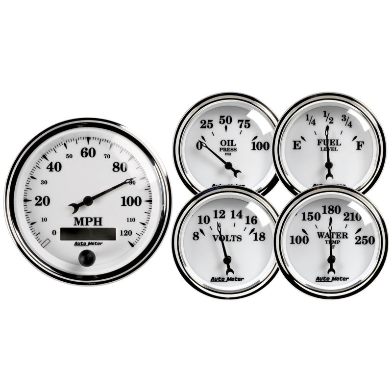 AutoMeter 1200 Old Tyme White II 5 Piece Kit (Elec Speed/Oil Press/Water Temp/Volt/Fuel Level)