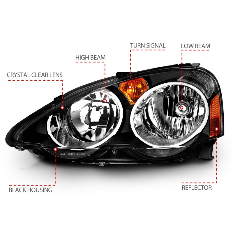 ANZO 121209 2004 fits Acura 02-20 Rsx Crystal Headlights Black