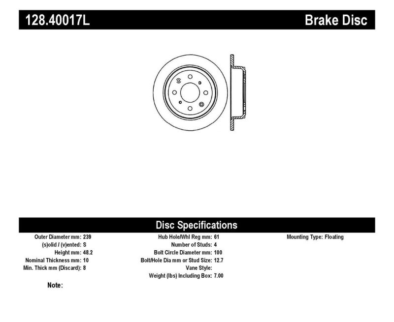 Stoptech 128.40017L Acura & Honda Civic/Del Sol Drilled Left Rear Rotor