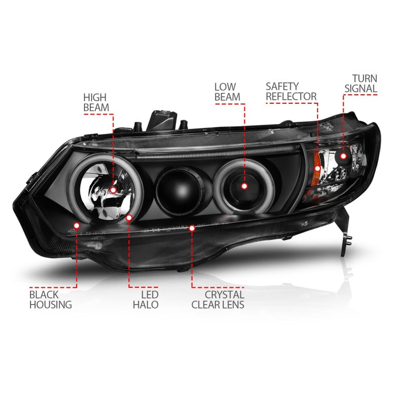 ANZO 121062 2011 fits Honda 06-20 Civic Projector Headlights w/ Halo Black (CCFL)