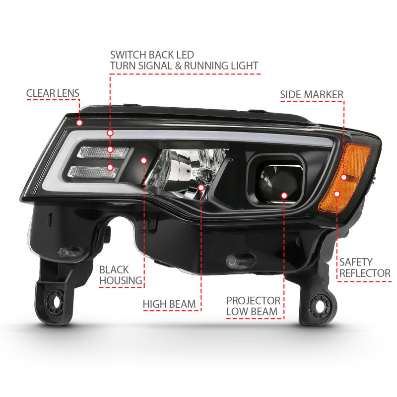 ANZO 111418 2018 fits Jeep 17-20 Grand Cherokee Projector Headlights w/ Plank Style Switchback - Black w/ Amber