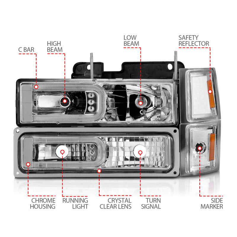 ANZO 111529 fits Chevrolet 88-98 C1500 Crystal Headlights w/Light Bar Chrome Housing w/ Signal Side Markers 8Pcs